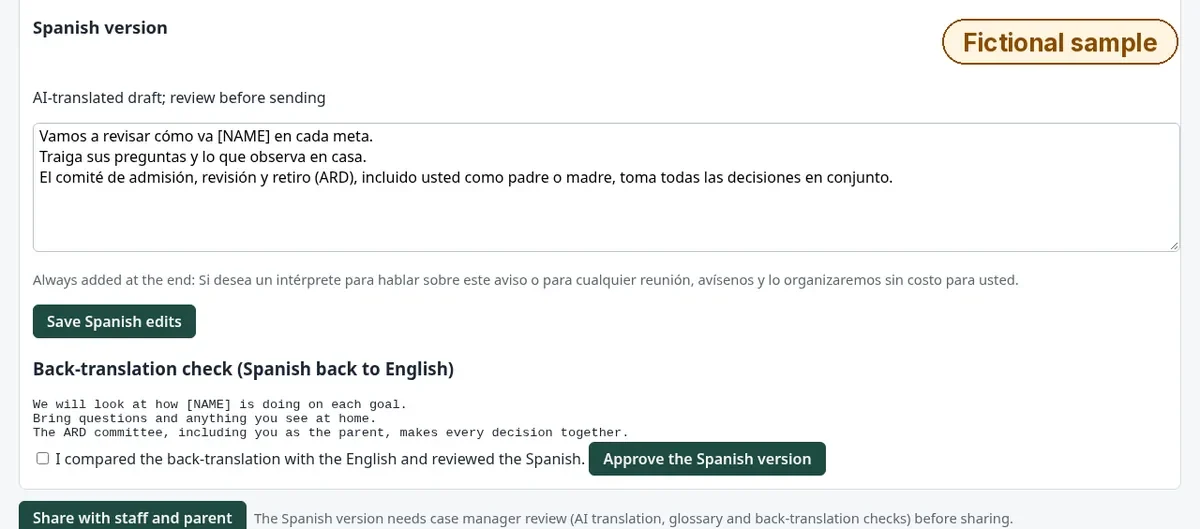 Parent ARD prep sheet screen showing the Spanish version for review and a back-translation check before sharing.